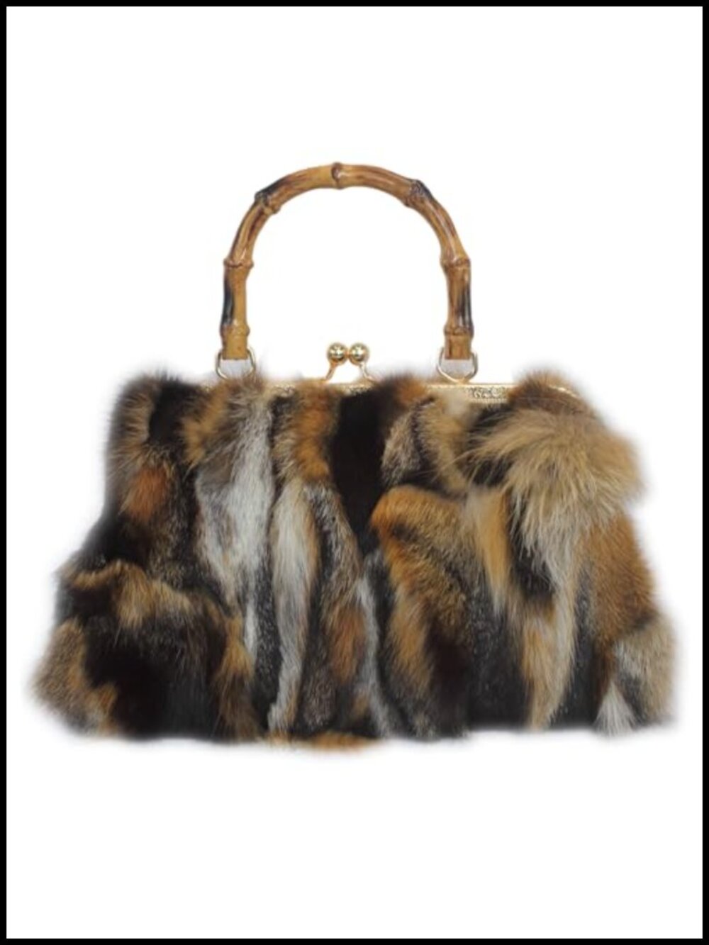 Real Fox Fur Handbag Kisslock Purse Bamboo Handle Women's Shoulder Bag
